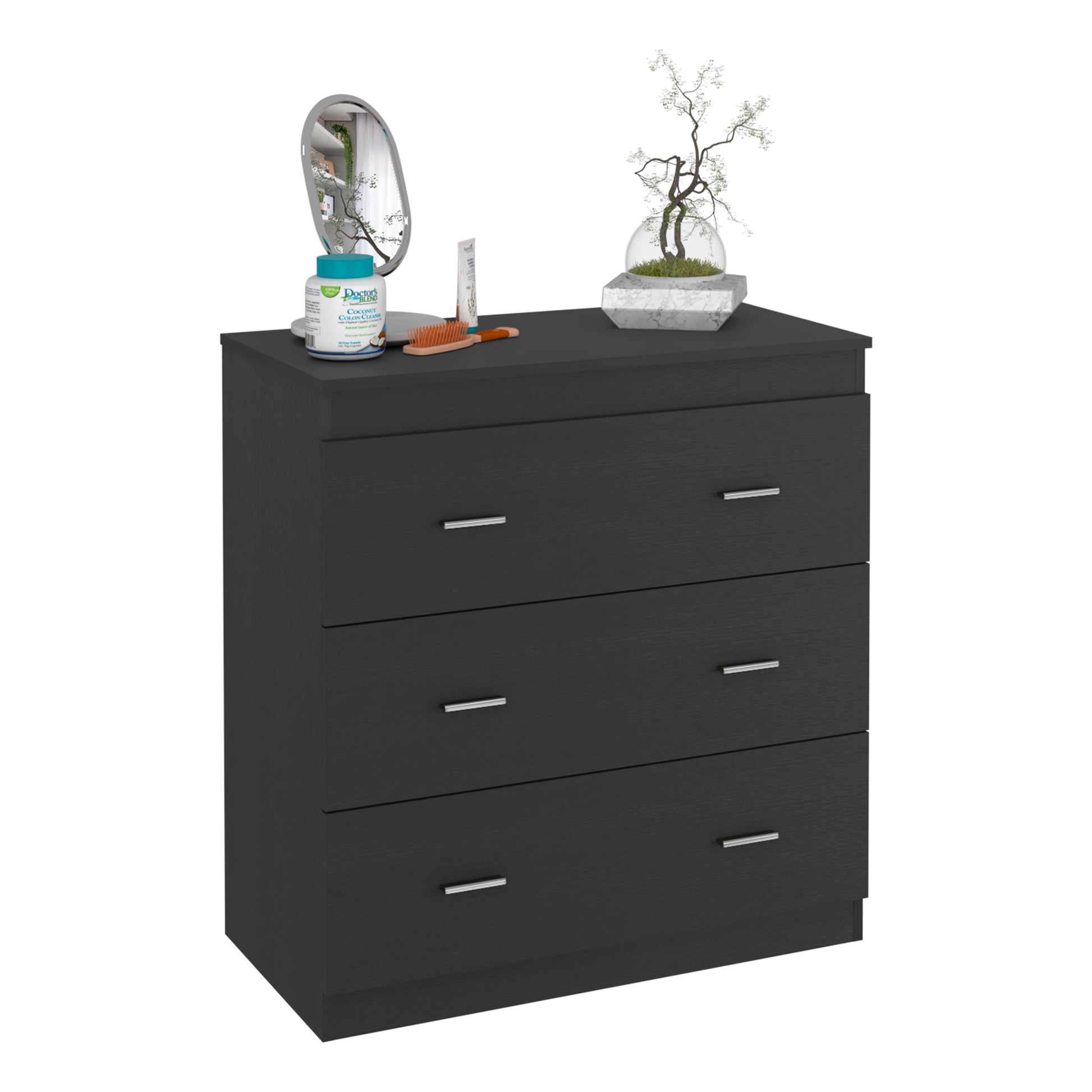 Three Drawer Dresser Litress, Metal Handles, Black Wengue Finish Black Particle Board