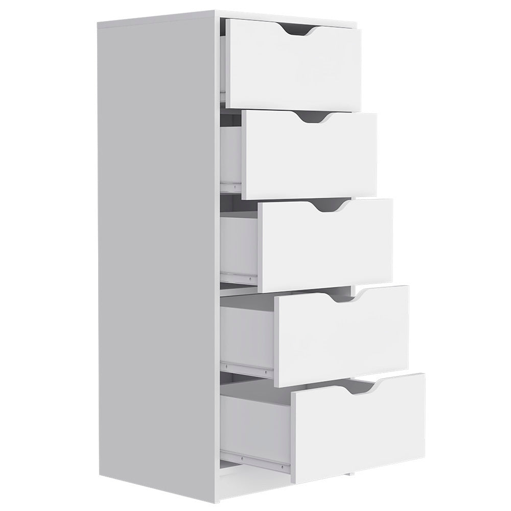 Dresser Kamran, Five Drawer Narrows, White Finish White Particle Board