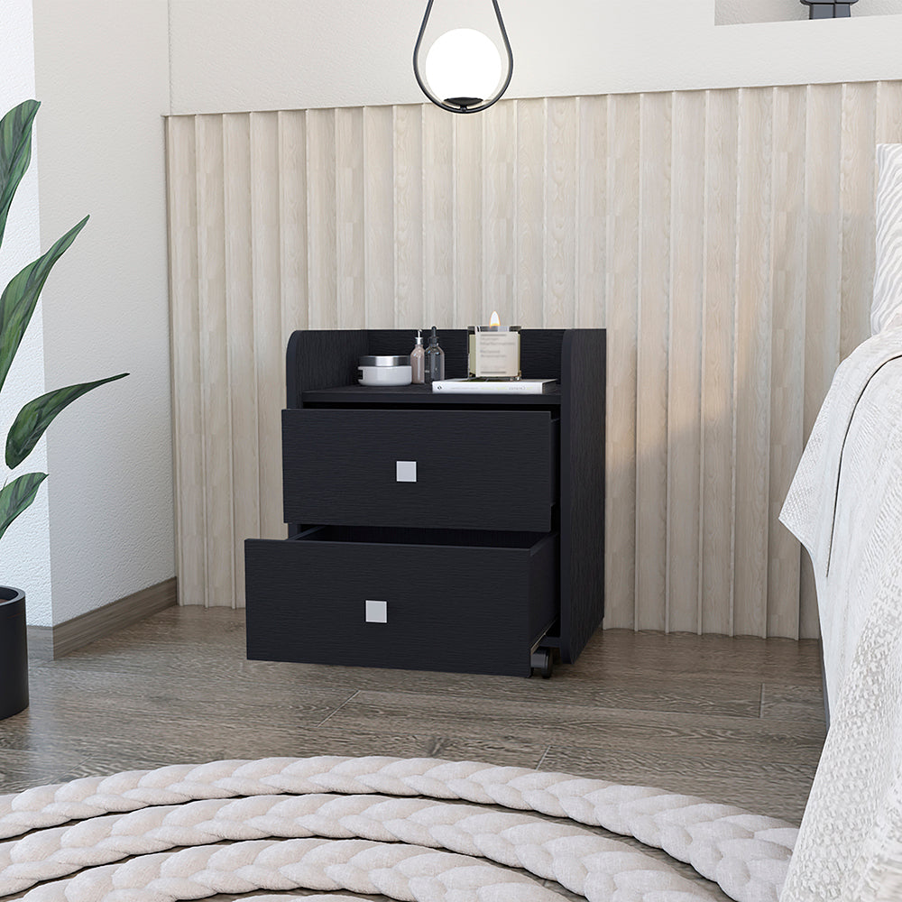 Nightstand Csmet, Metal Handle, Two Drawers, Black Wengue Finish Black Particle Board