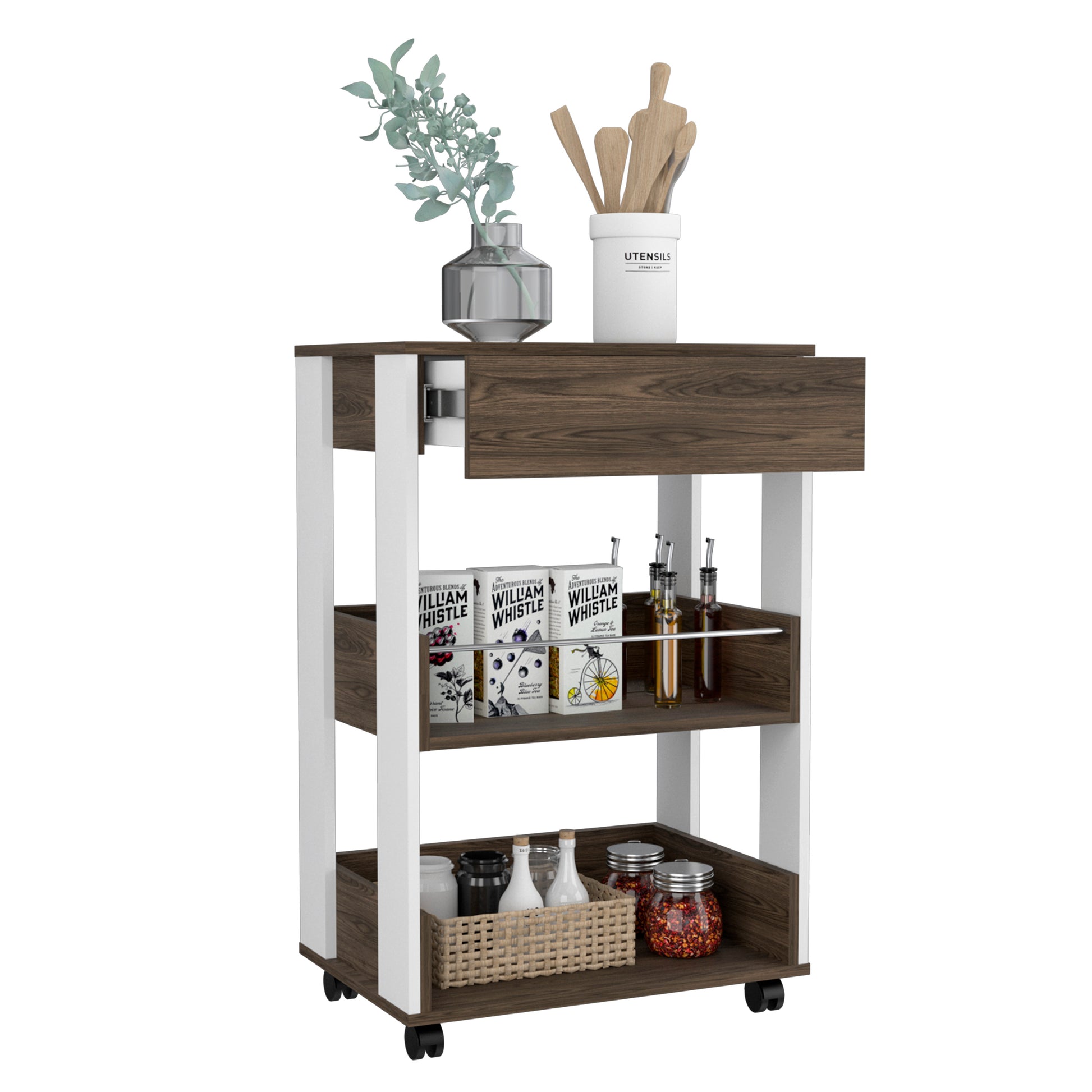 Kitchen Cart Coron With Drawer, Three Tier Shelves And Casters, White Dark Walnut Finish White Walnut Particle Board