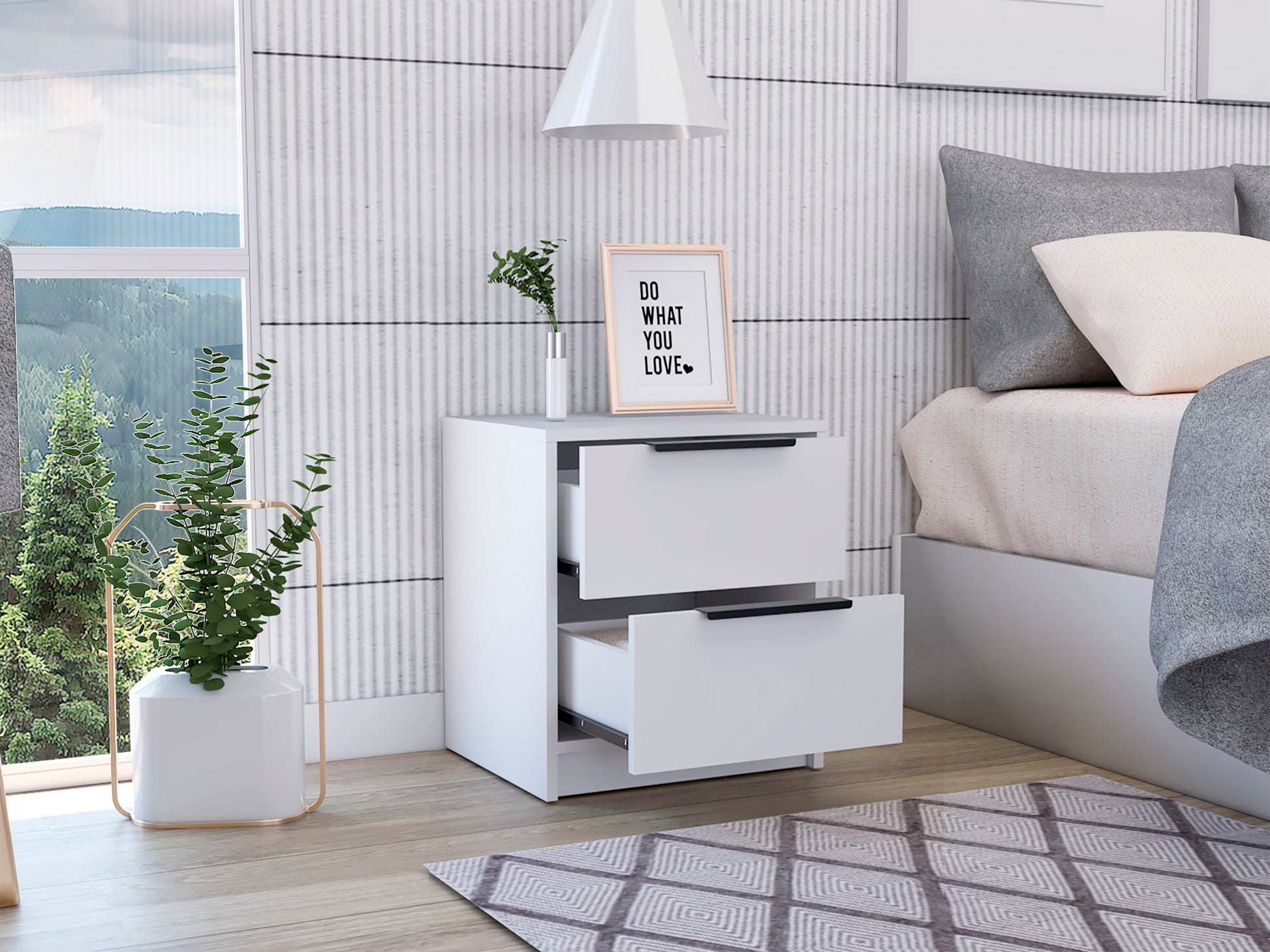 Nightstand Cervants, Two Drawers, Metal Handle, White Finish White Particle Board