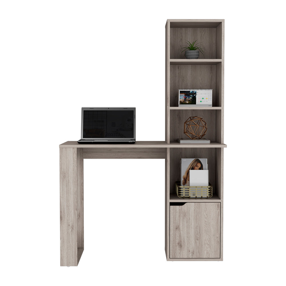 Computer Desk With Single Door Cabinet And 4 Tier Shelf Bicknell, Light Gray Finish Light Gray Particle Board