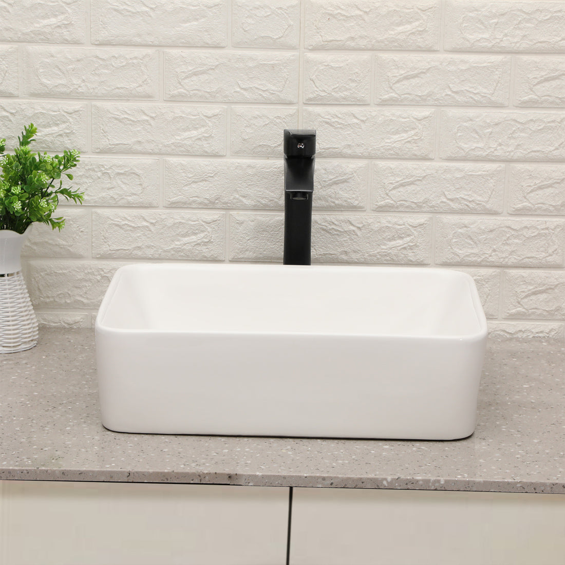 19"X15" Rectangle Vessel Bathroom Sink And Matte Black Single Lever Faucet Combo White Black Ceramic