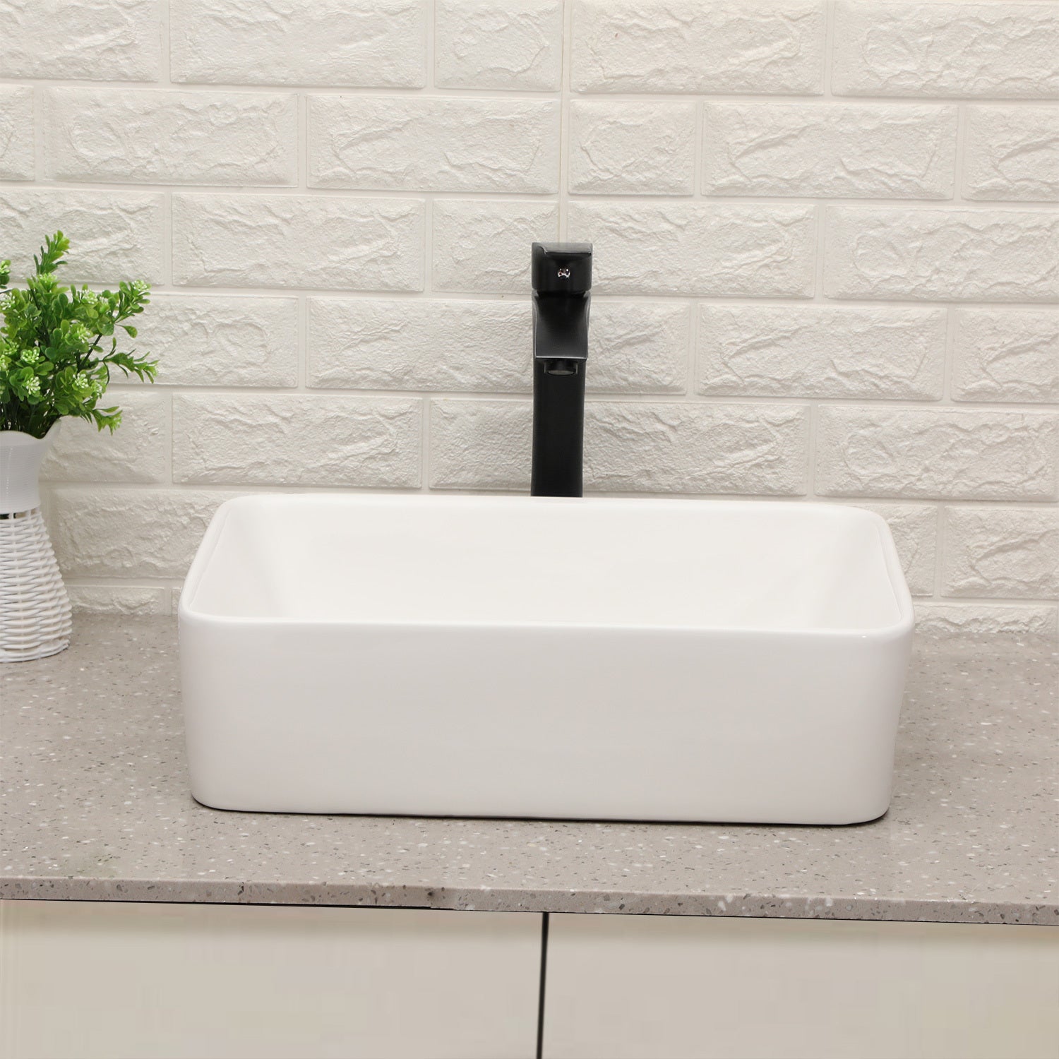 19"X15" Rectangle Vessel Bathroom Sink And Matte Black Single Lever Faucet Combo White Black Ceramic