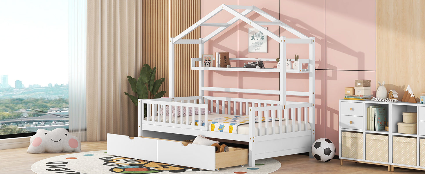 Wooden Twin Size House Bed With 2 Drawers,Kids Bed With Storage Shelf, White White Wood