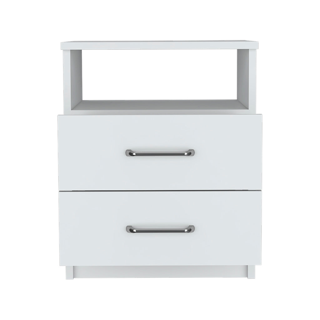 Nightstand Olienza, Two Drawers, One Shelf, White Finish White Particle Board