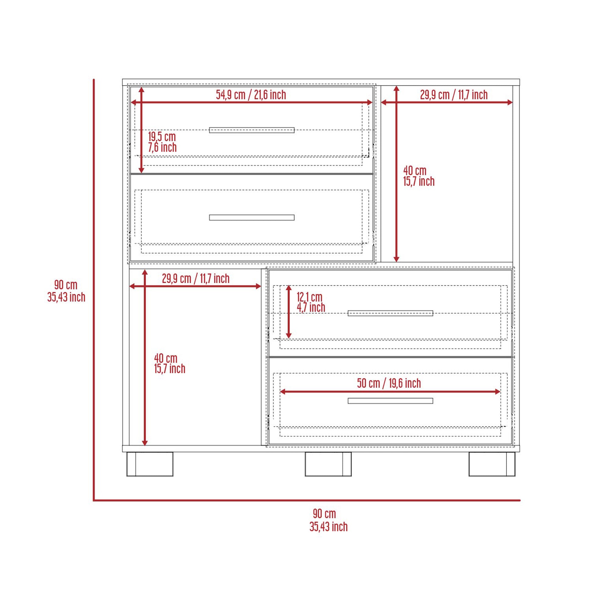 Dresser Hetzs, Four Drawers, Two Open Shelves, White Finish White Particle Board