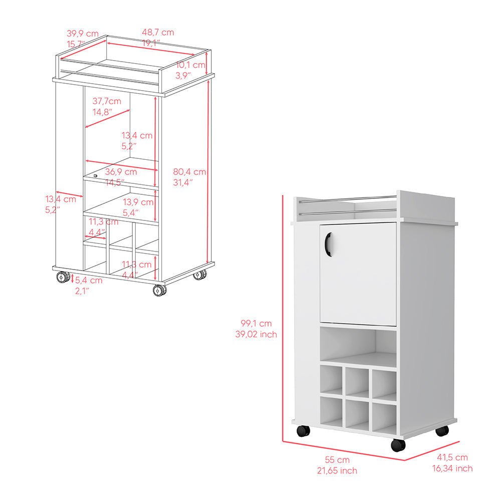 Bar Cart with Casters Reese, Six Wine Cubbies and white-particle board