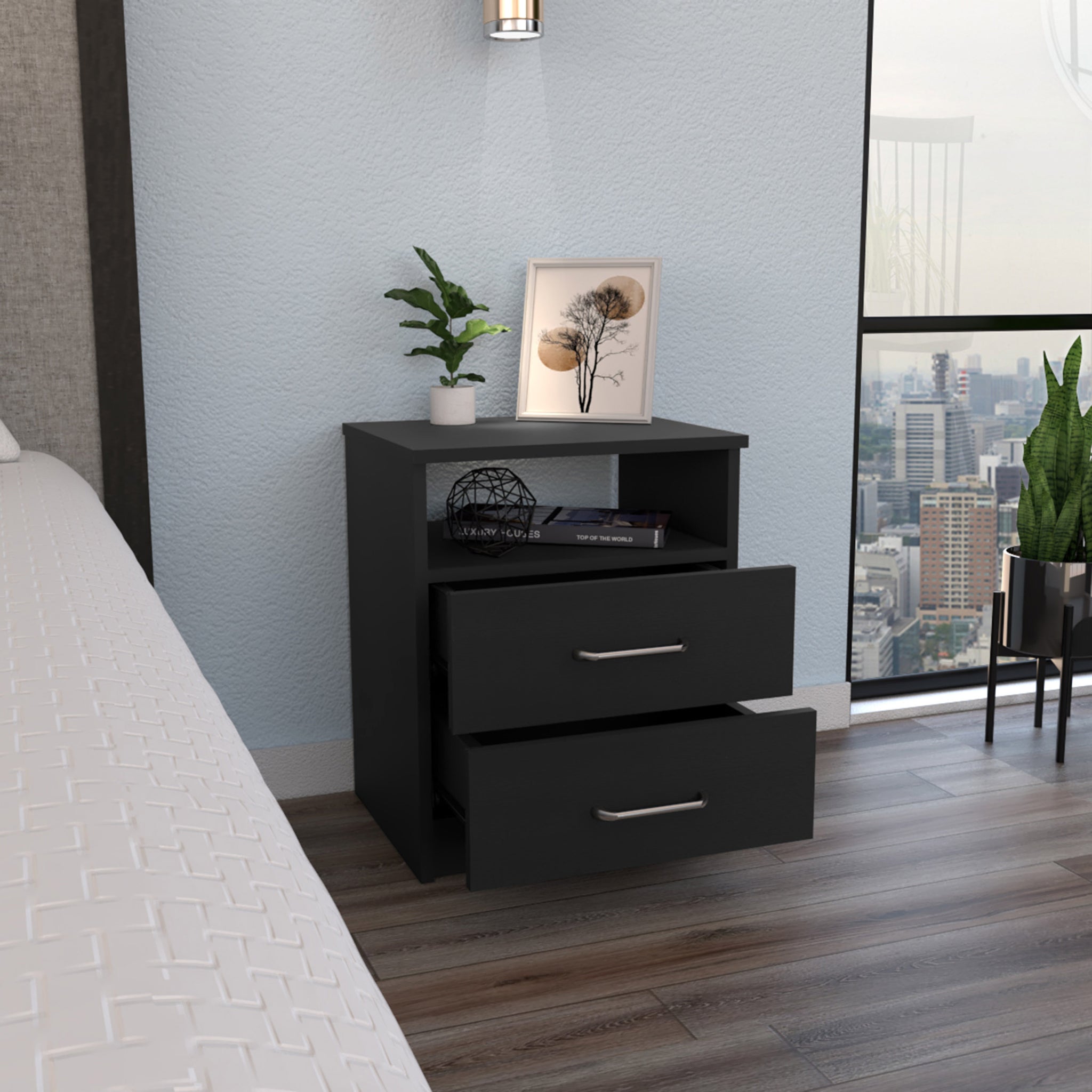 Nightstand Olivenza, Two Drawers, Black Wengue Finish Black Particle Board