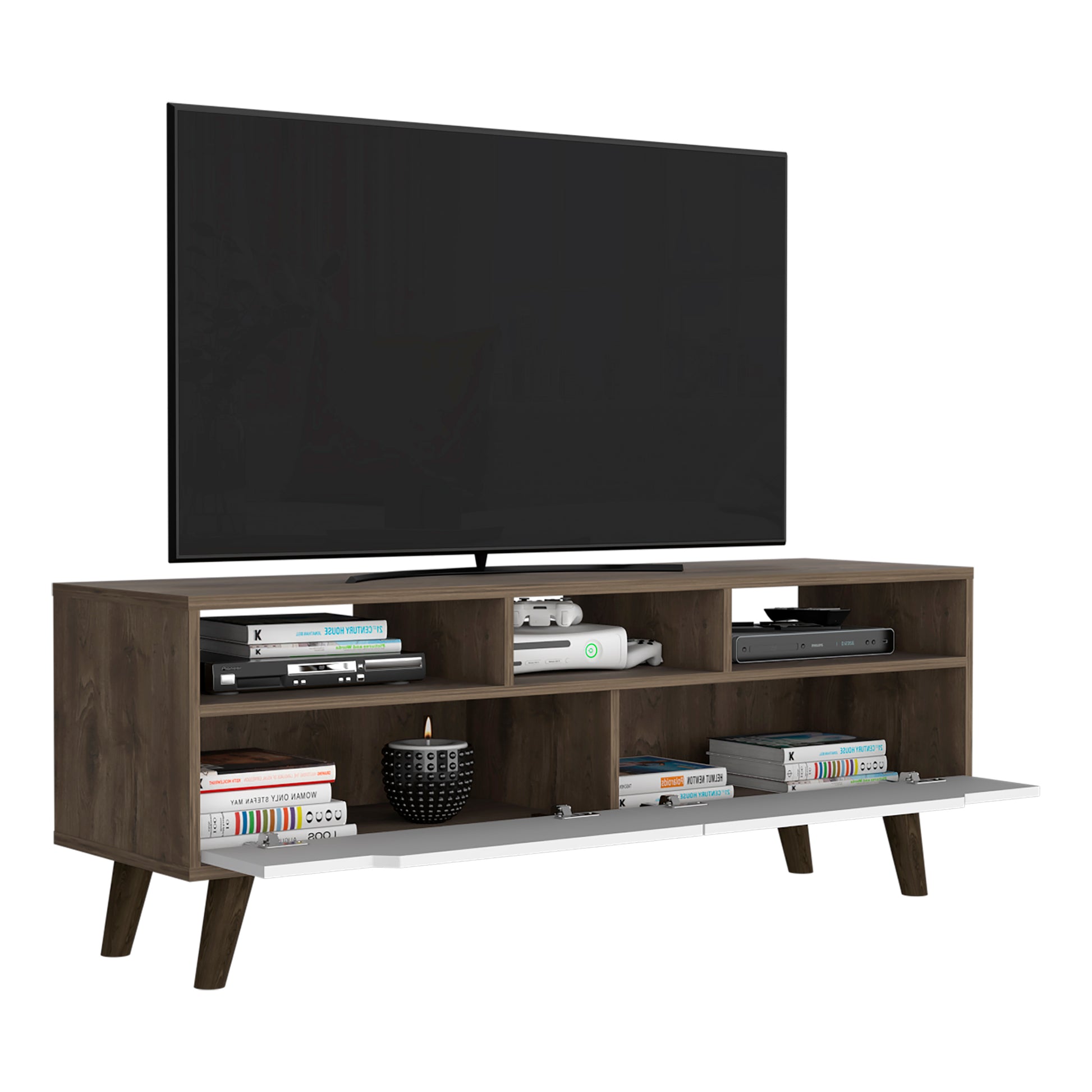 Tv Stand 2.0 For Tv S Up 52" Bull, Three Open Shelves,Two Drawers, Dark Brown White Finish White 50 59 Inches Particle Board