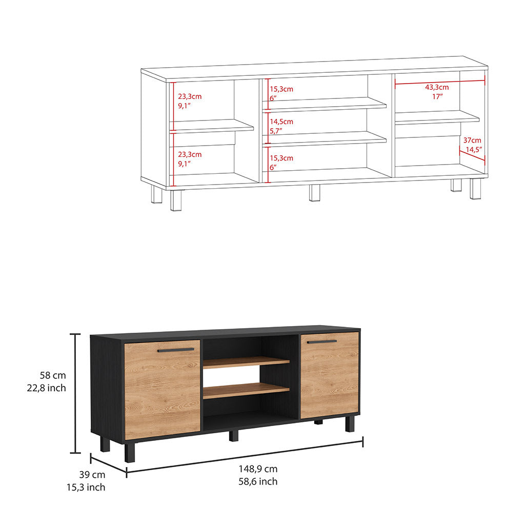 Tv Stand For Tv S Up 55" Washington, Four Shelves, Black Wengue Pine Finish White Particle Board