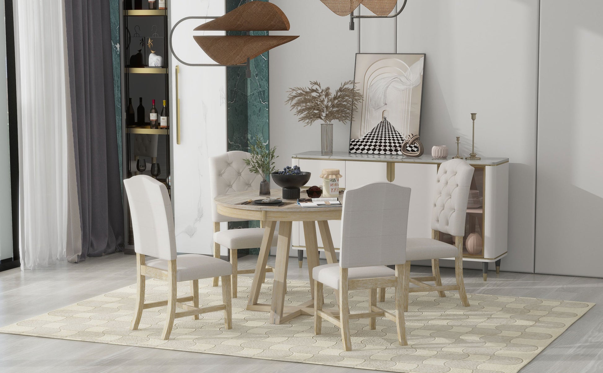 5 Piece Retro Functional Dining Set, Round Table With A 16"W Leaf And 4 Upholstered Chairs For Dining Room And Living Room Natural Natural Solid Wood