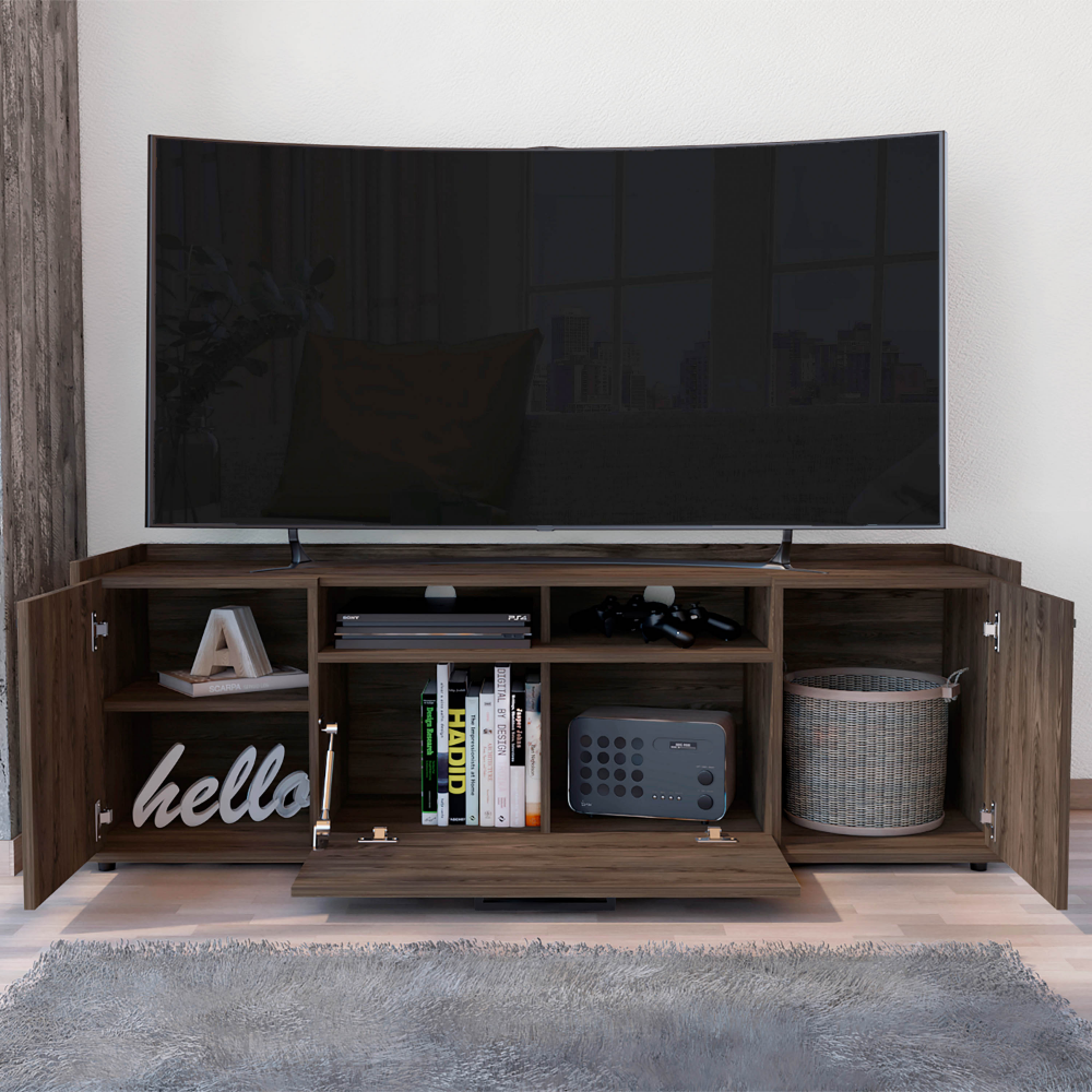 Tv Stand For Tv S Up 55" Dext, One Cabinet, Double Door, Dark Walnut Finish Walnut 50 59 Inches Particle Board