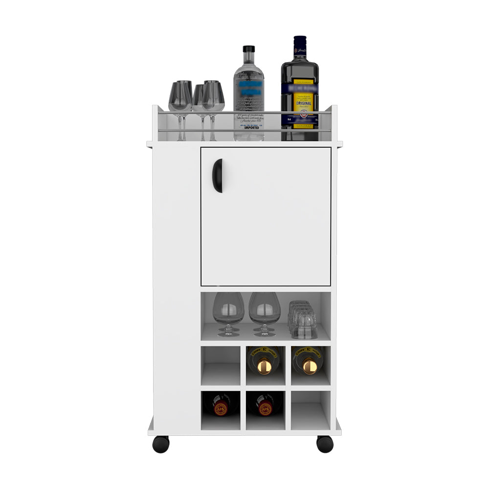 Bar Cart with Casters Reese, Six Wine Cubbies and white-particle board