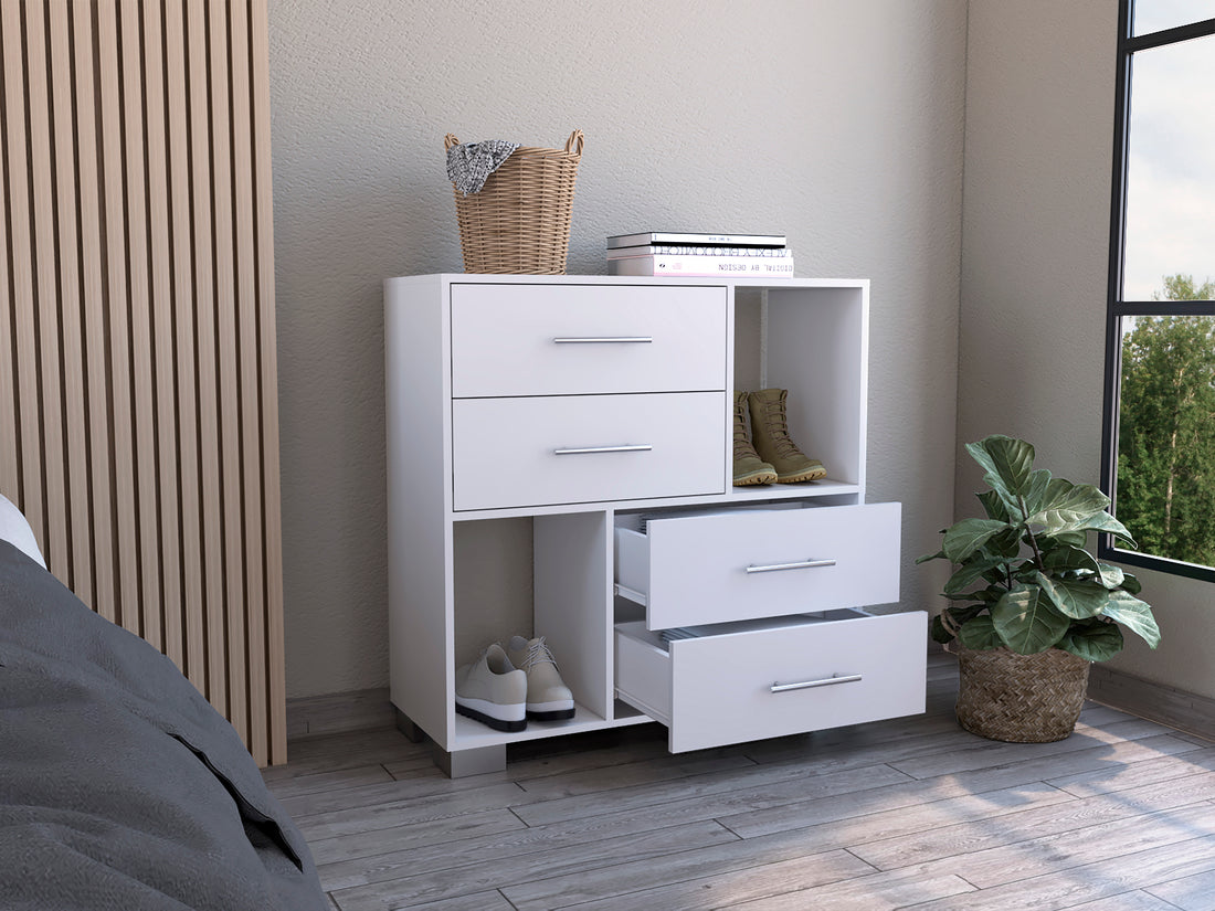 Dresser Hetzs, Four Drawers, Two Open Shelves, White white-particle board