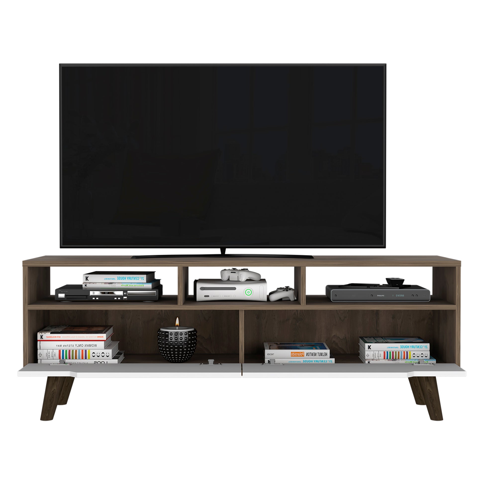 Tv Stand 2.0 For Tv S Up 52" Bull, Three Open Shelves,Two Drawers, Dark Brown White Finish White 50 59 Inches Particle Board