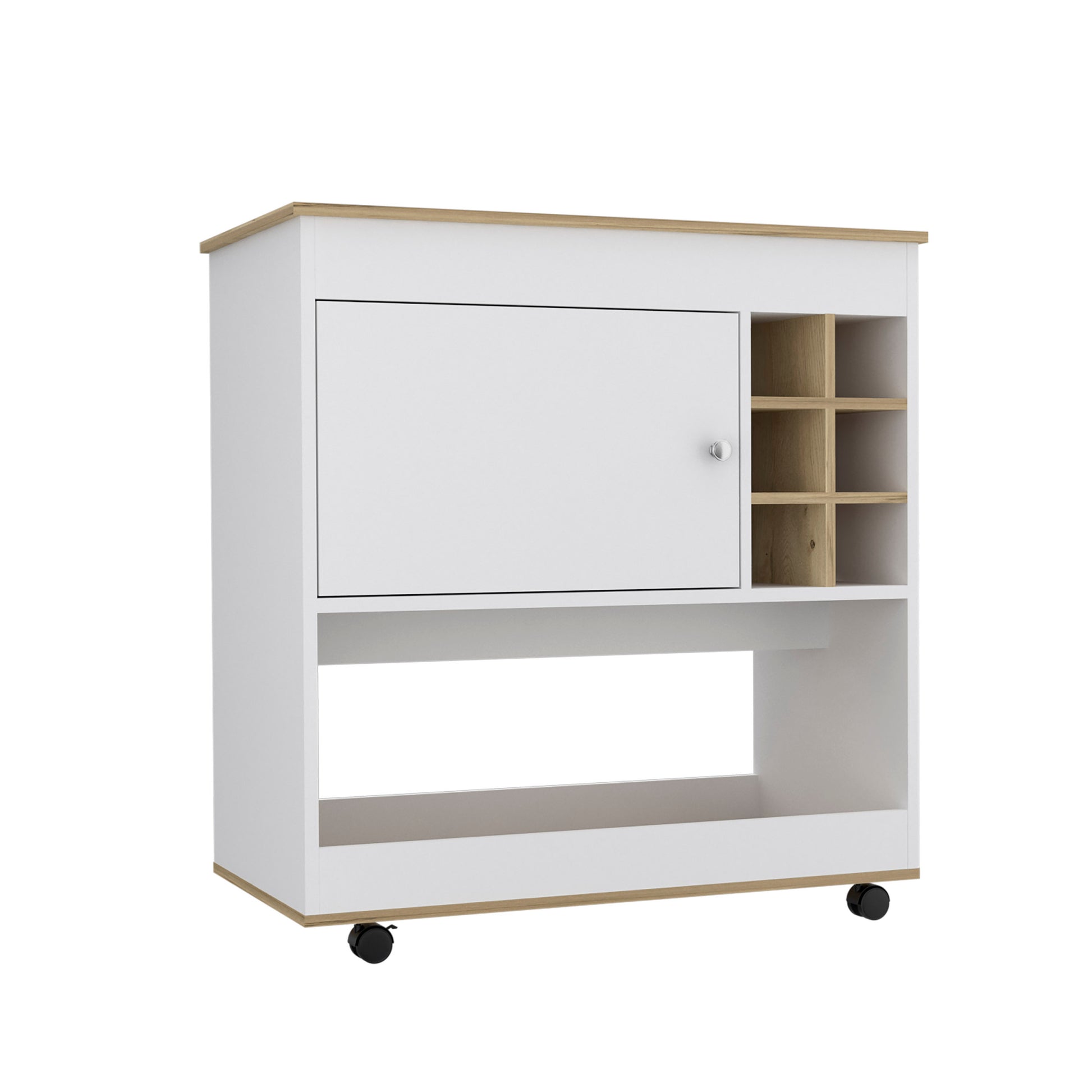 Bar Cart Aloha, Lower Panel, Six Bottle Cubbies, One Cabinet, Light Oak White Finish Light Oak Particle Board