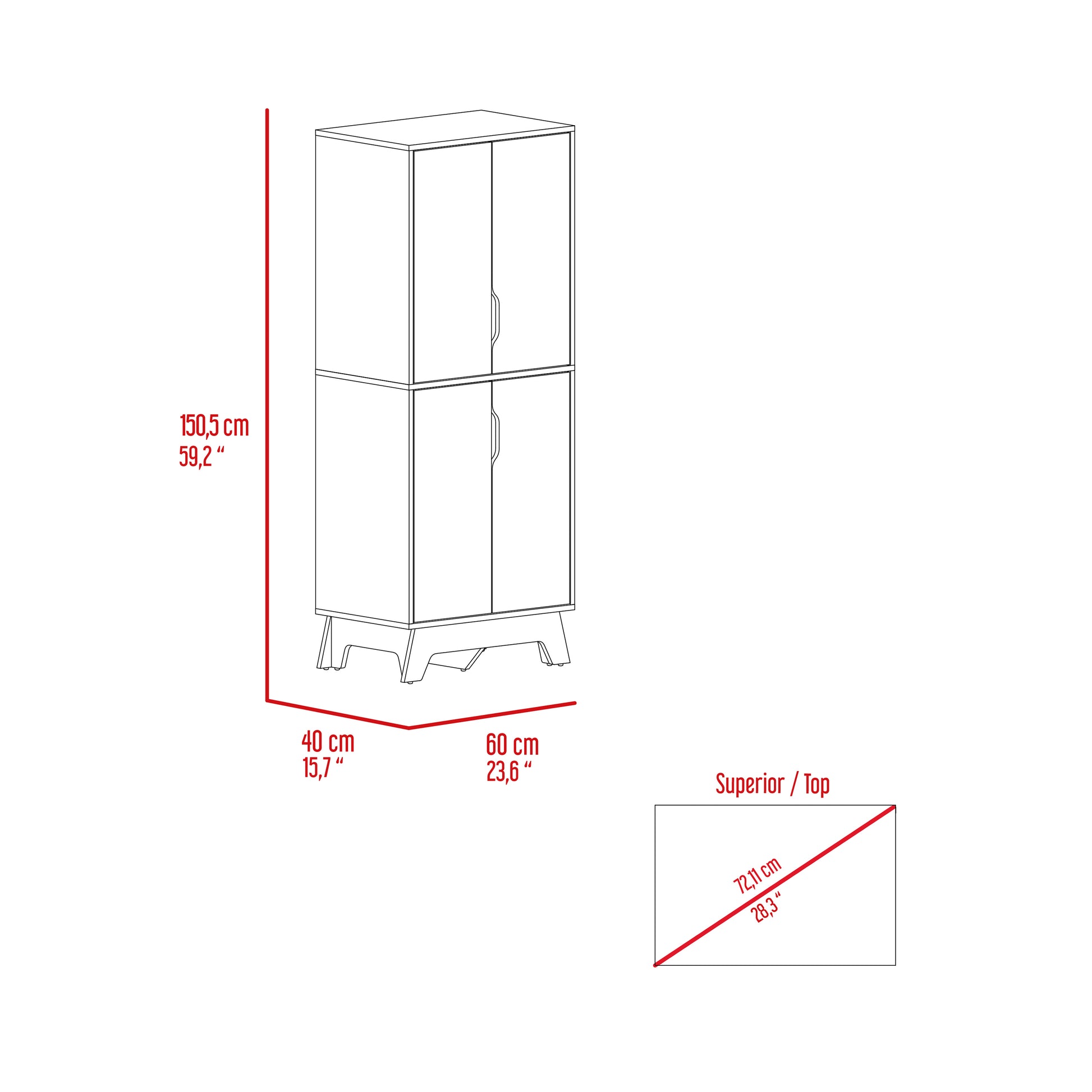 Double Kitchen Pantry Wallas, Double Door, Four Legs, Four Shelves, Light Oak White Finish Light Oak Particle Board