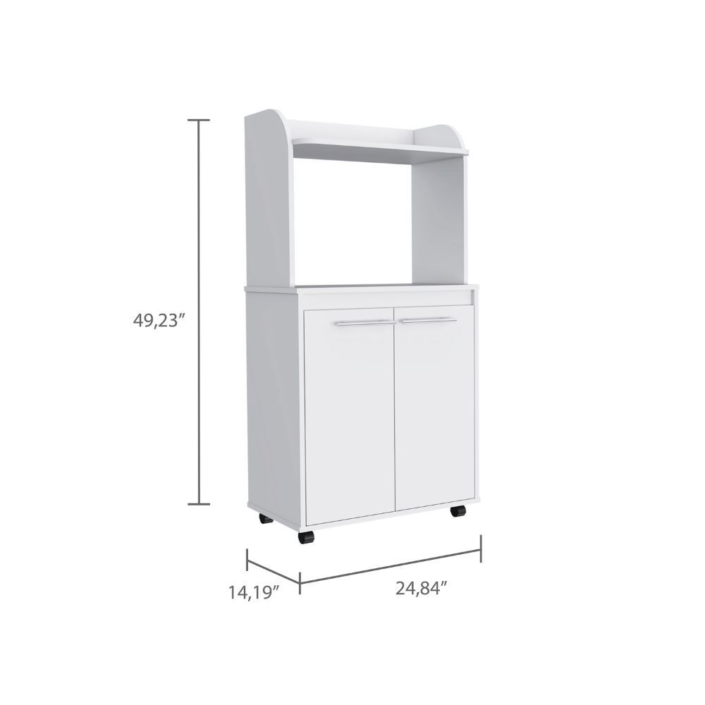 Kitchen Cart Totti, Double Door Cabinet, One Open Shelf, Two Interior Shelves, White Finish White Particle Board