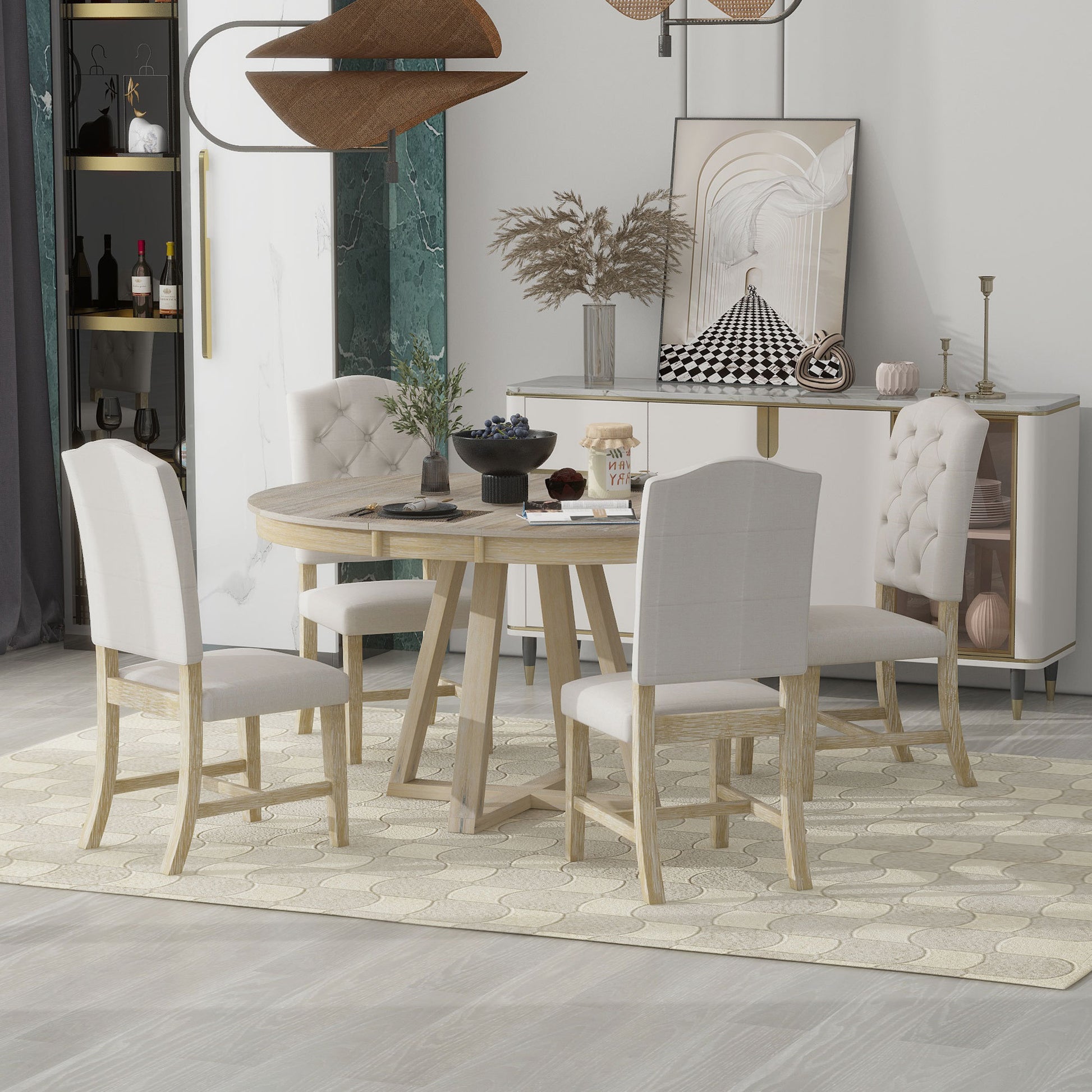 5 Piece Retro Functional Dining Set, Round Table With A 16"W Leaf And 4 Upholstered Chairs For Dining Room And Living Room Natural Natural Solid Wood