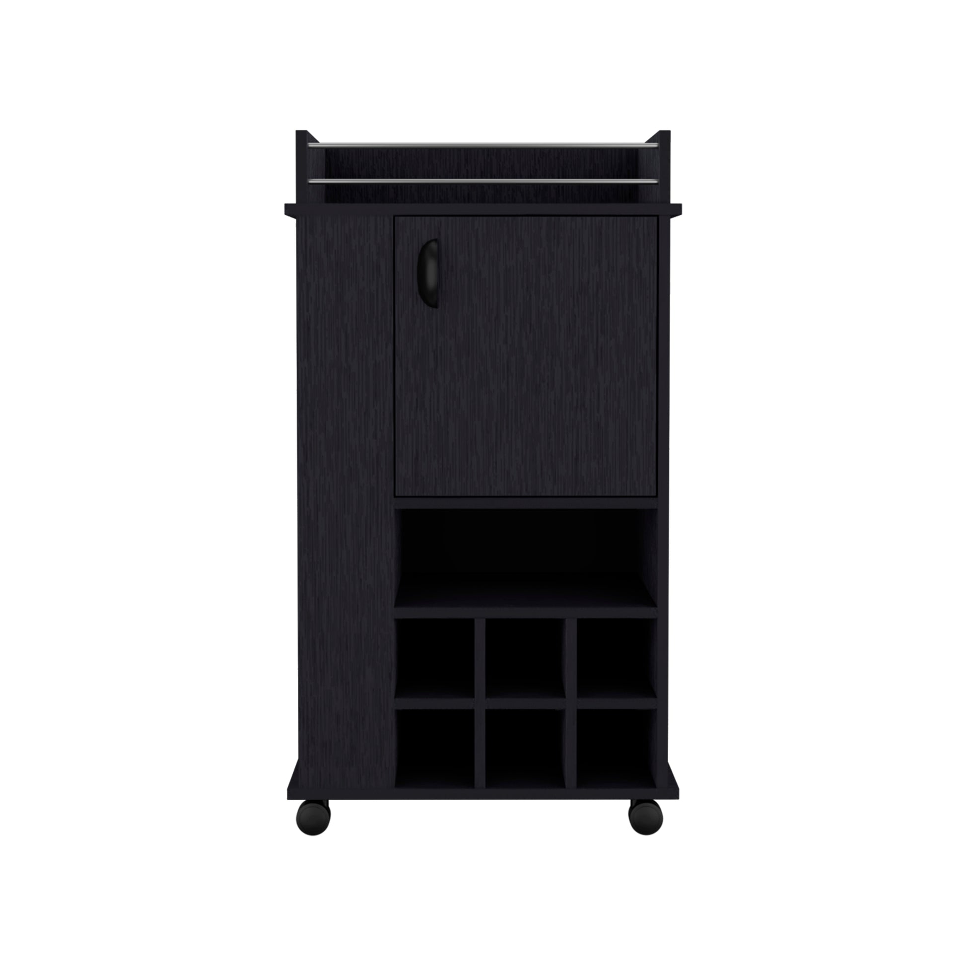 Bar Cart With Casters Reese, Six Wine Cubbies And Single Door, Black Wengue Finish Black Particle Board