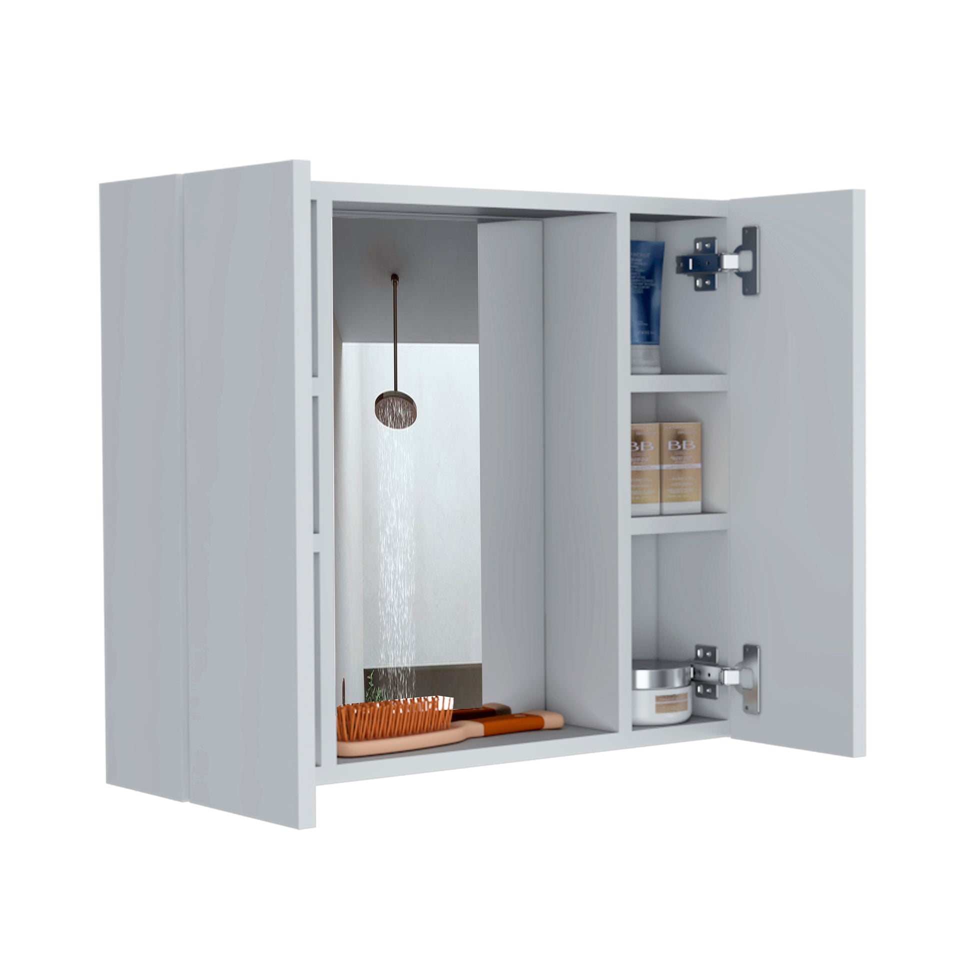 Medicine Cabinet Hops, Double Door, Mirror, One External Shelf, White Finish White Particle Board