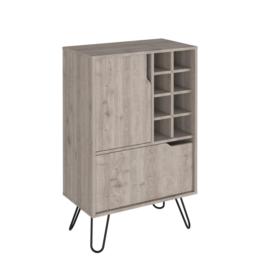 L Bar Cabinet Silhill, Eight Wine Cubbies, Two Cabinets With Single Door, Light Gray Finish Light Gray Particle Board