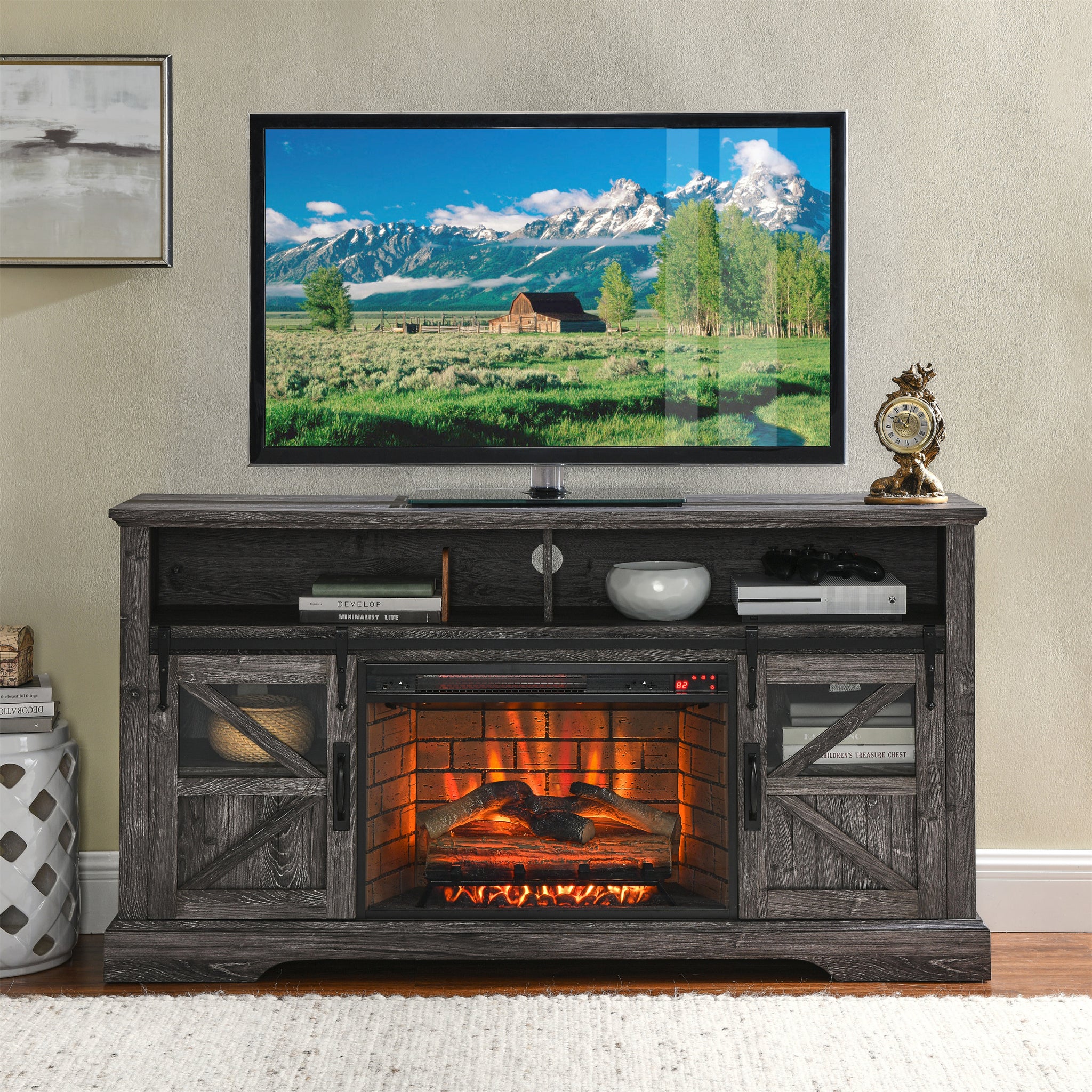 60 Inch Electric Fireplace Entertainment Center With Door Sensor Dark Rustic Oak Powder Coated Electric Dark Oak Vent Free Yes Insert Wood Stainless Steel Glass Electric