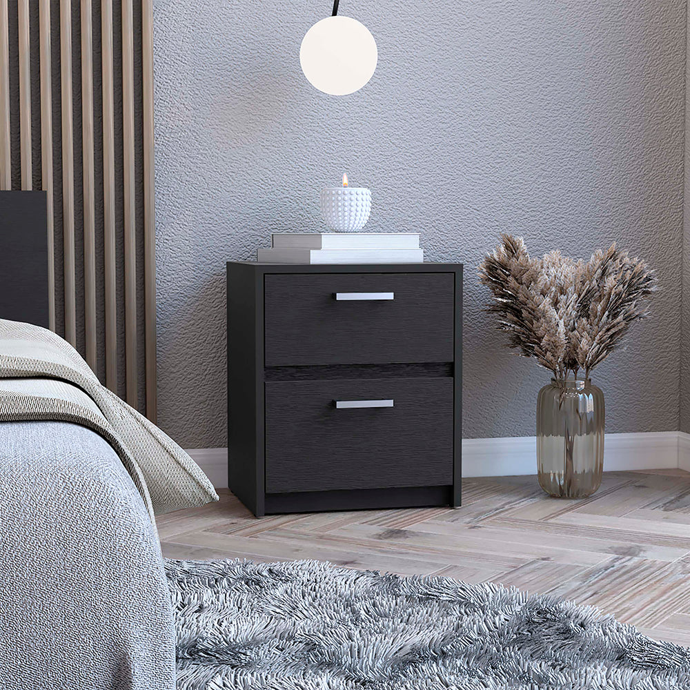 Nightstand Chequered, Two Drawers, Black Wengue Finish Black Particle Board