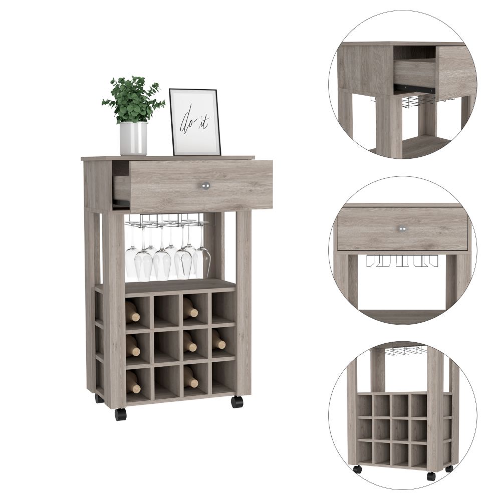 Bar Cart Bayamon, Twelve Wine Cubbies, Four Legs, Light Gray Finish Light Gray Particle Board