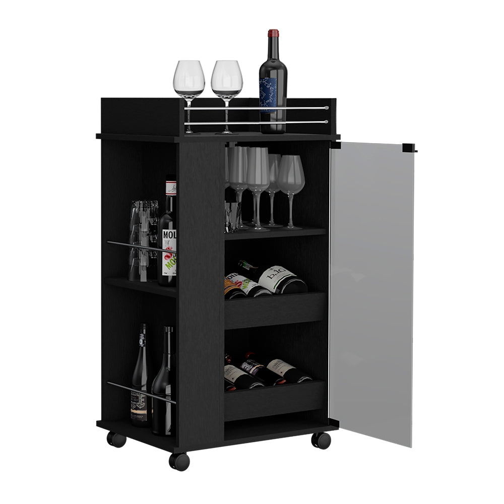 Bar Cart With Two Side Shelves Beaver, Glass Door And Upper Surface, Black Wengue Finish Black Particle Board