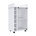 Bar Cart Baltimore, Six Wine Cubbies, Glass Door, Four Caster, Two Shelves, White Finish White Particle Board