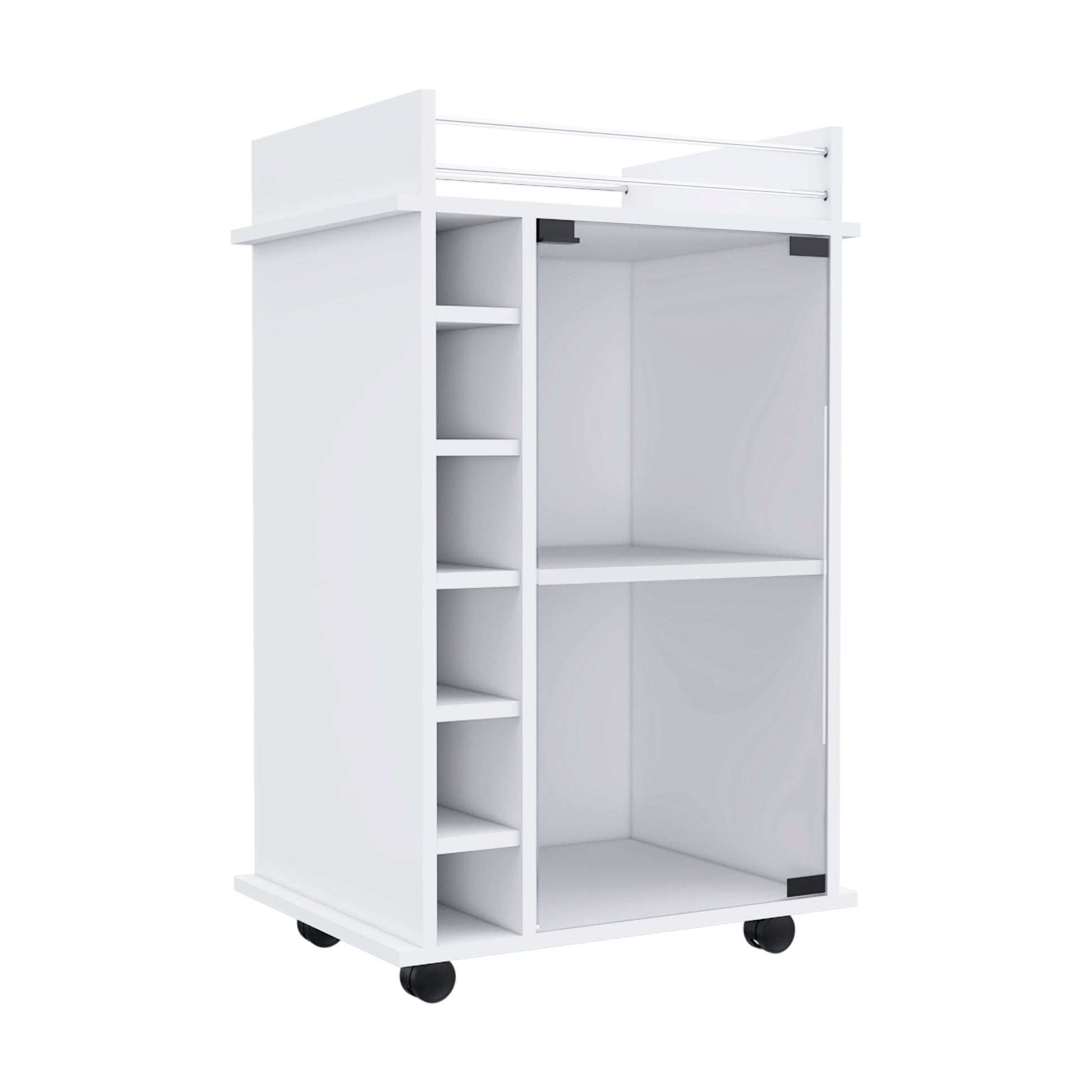 Bar Cart Baltimore, Six Wine Cubbies, Glass Door, Four Caster, Two Shelves, White Finish White Particle Board