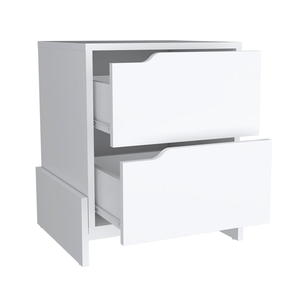 Nightstand Brookland, Bedside Table With Double Drawers And Sturdy Base, White Finish White Particle Board