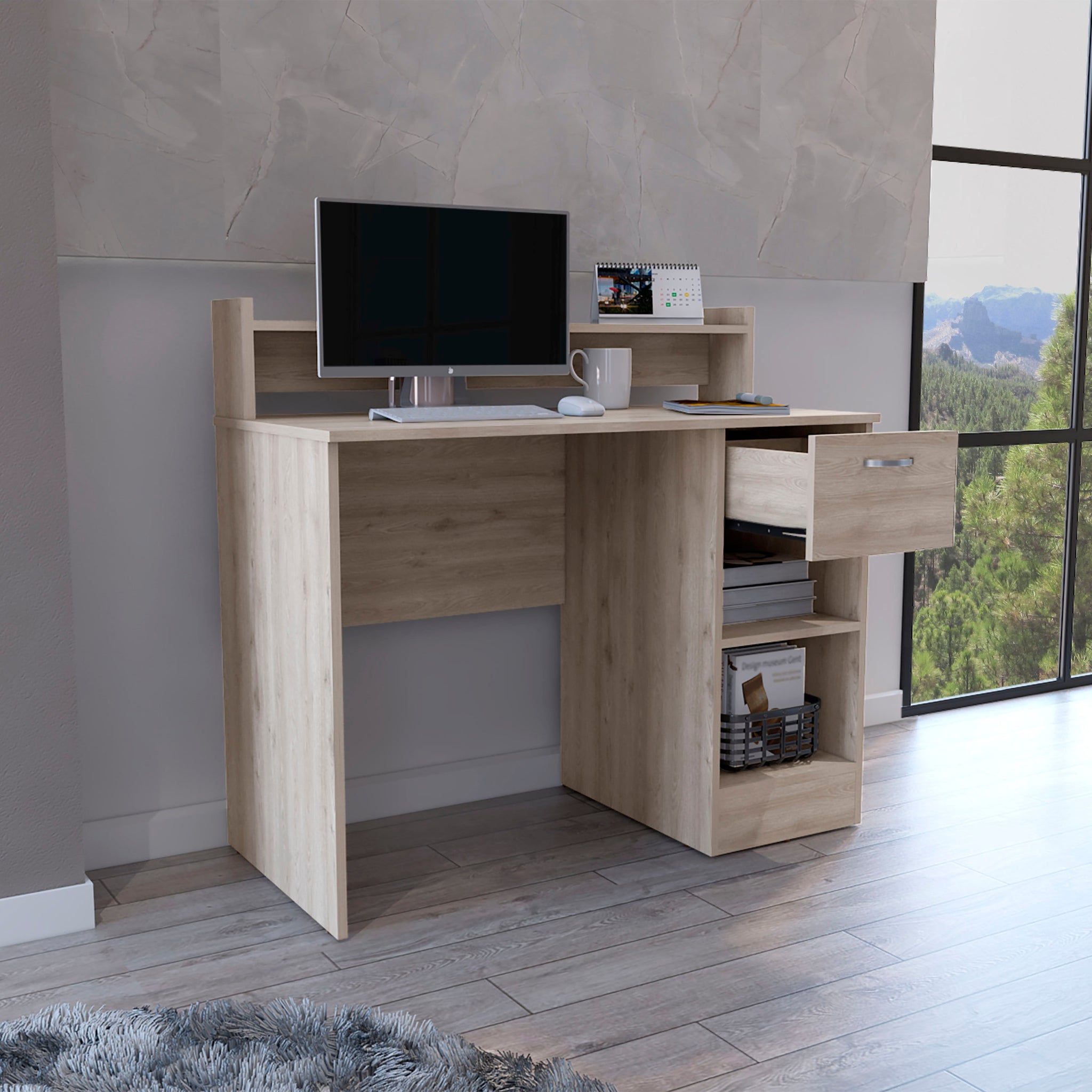 Computer Desk Delmar With Open Storage Shelves And Single Drawer, Light Gray Finish Light Gray Particle Board