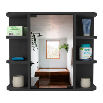 Medicine Cabinet Milano,Six External Shelves Mirror, Black Wengue Finish Black Particle Board