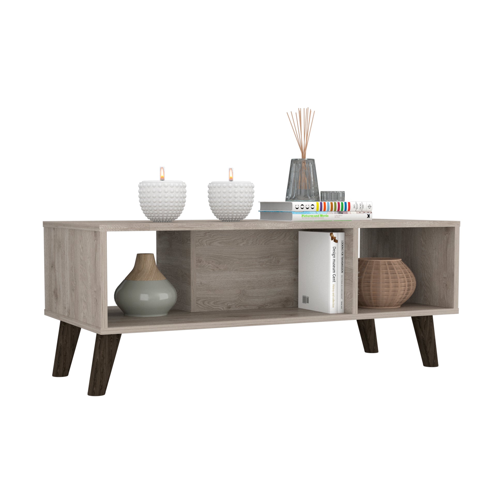 Coffee Table Plex, Two Open Shelves, Four Legs, Light Gray Finish Light Gray Particle Board