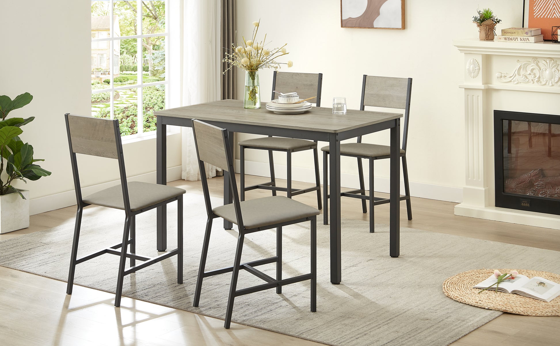 Dining Set For 5 Kitchen Table With 4 Upholstered Chairs, Grey, 47.2'' L X 27.6'' W X 29.7'' H. Grey Particle Board