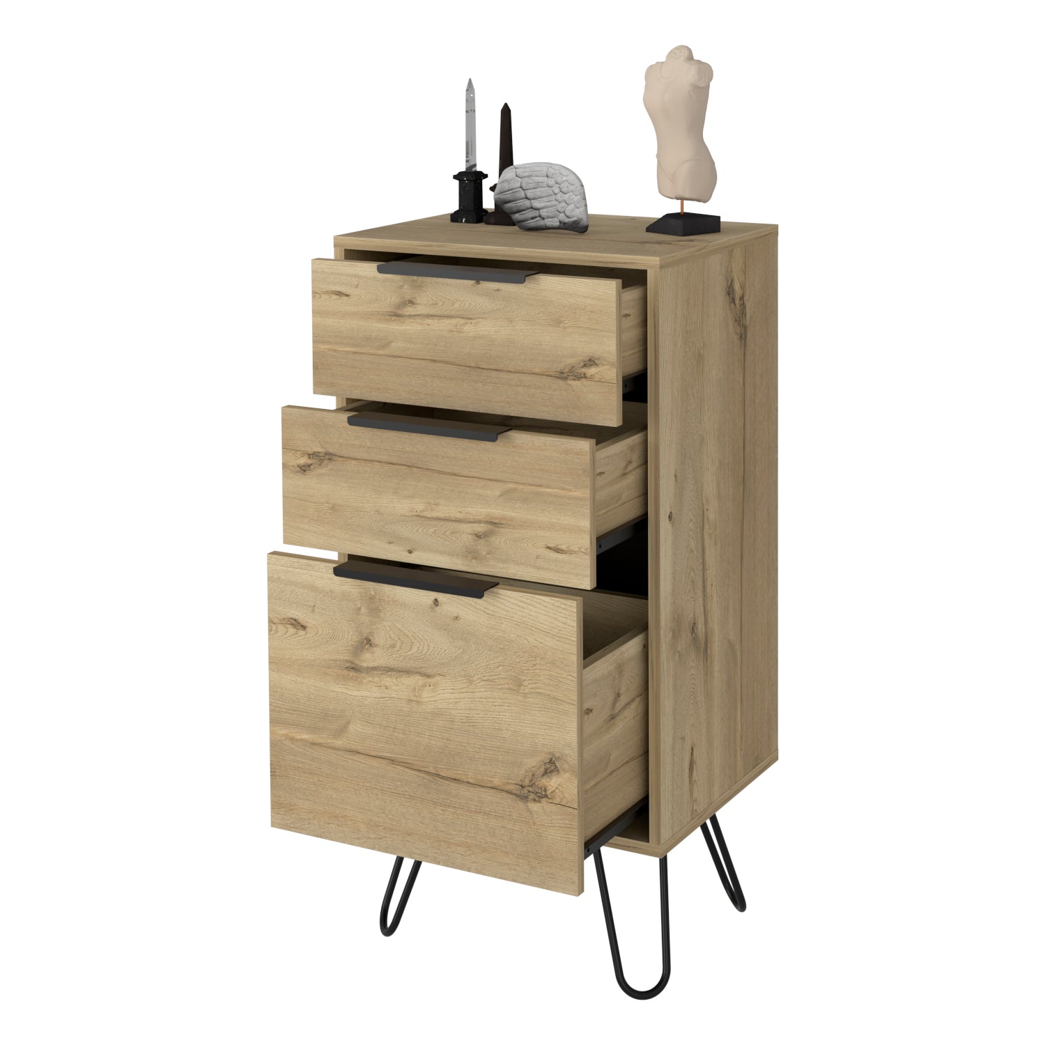 Light Dresser Skyoner, Hairpin Legs, Superior Top,Three Drawers, Light Oak Finish Light Oak Particle Board