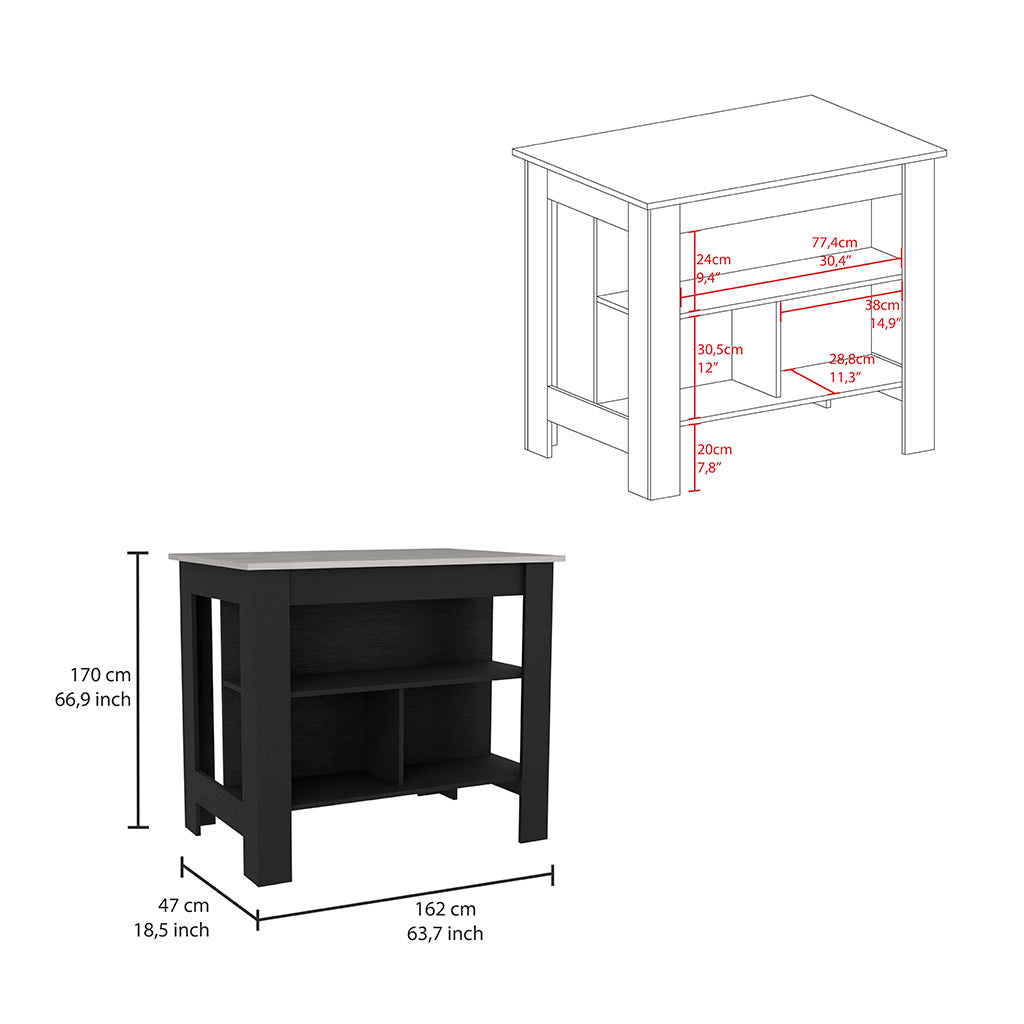 Kitchen Island Dozza, Three Shelves, Black Ibiza Marble Color Finish Multicolor Particle Board