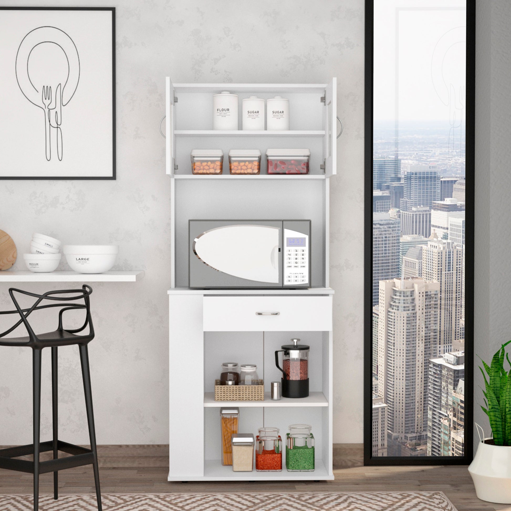 Pantry Double Door Cabinet Folbert, Three Side Shelves, White Finish White Particle Board