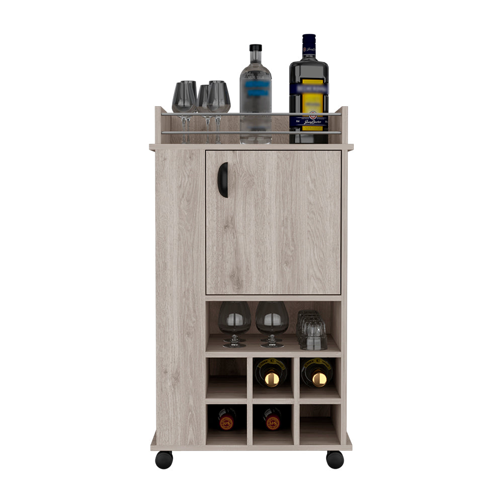 Bar Cart With Casters Reese, Six Wine Cubbies And Single Door, Light Gray Finish Light Gray Particle Board