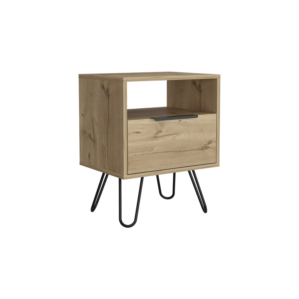 Nightstand Skyoner, Single Drawer, Hairpin Legs, Light Oak Finish Light Oak Particle Board