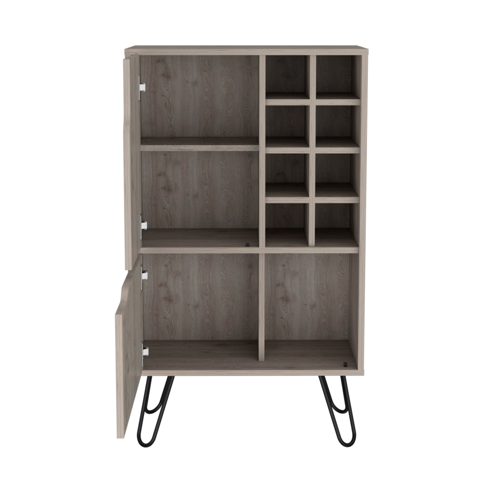 L Bar Cabinet Silhill, Eight Wine Cubbies, Two Cabinets With Single Door, Light Gray Finish Light Gray Particle Board