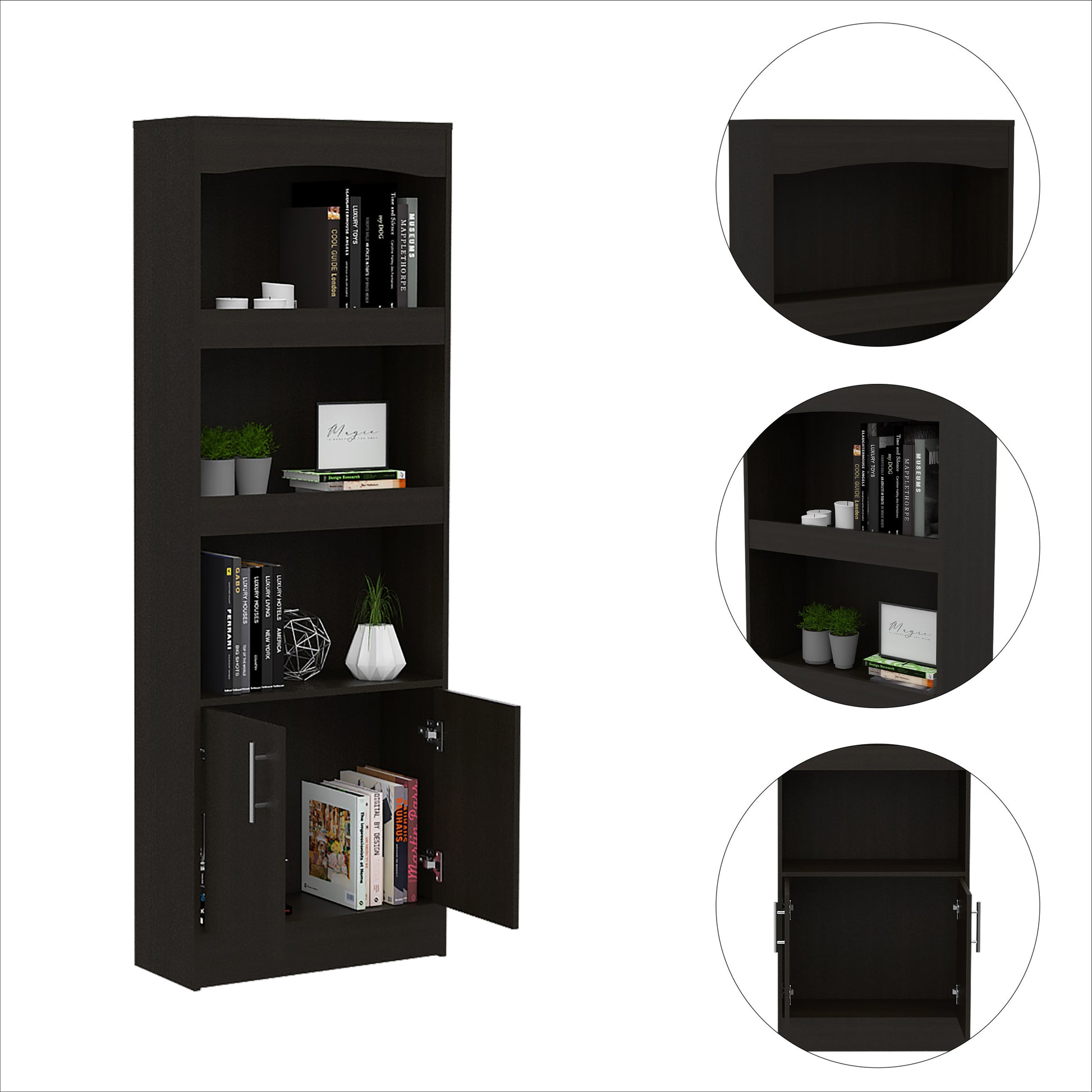 Bookcase Denver, Metal Hardware, Black Wengue Finish Black Particle Board