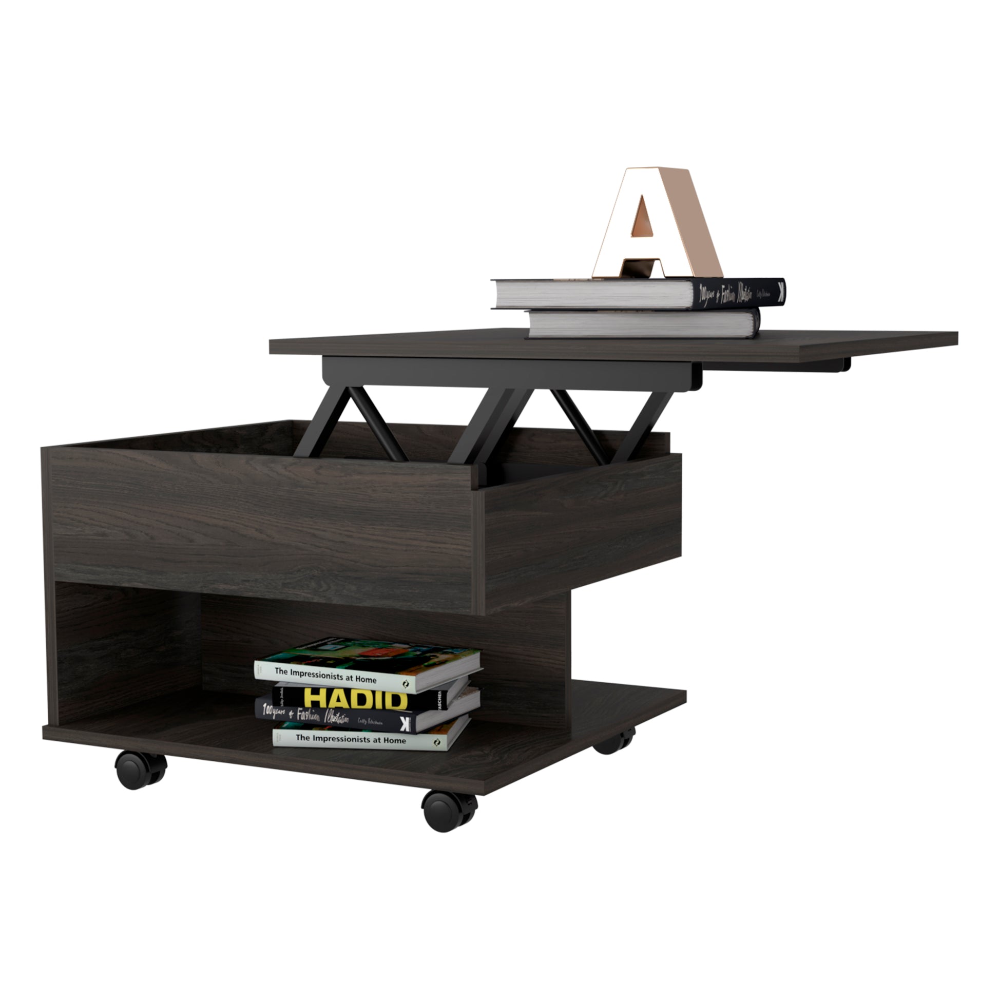 Lift Top Coffee Table Mercuri, Casters, Carbon Espresso Finish Espresso Particle Board