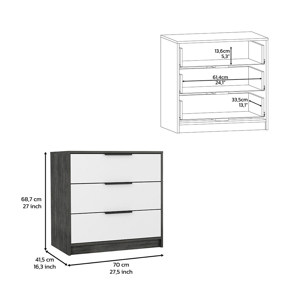 3 Drawers Dresser Maryland, Superior Top, Smokey Oak White Finish Multicolor Particle Board