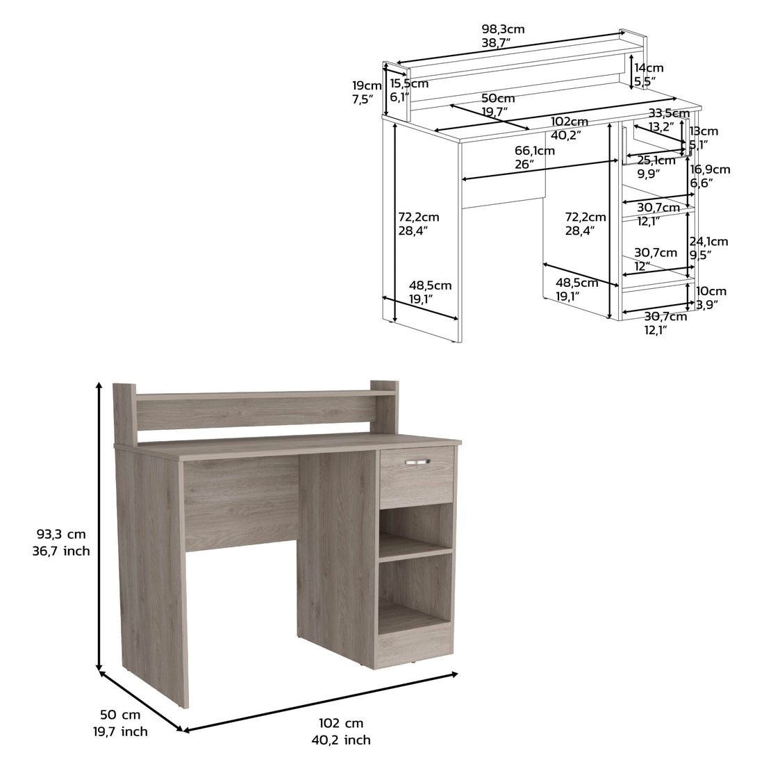 Computer Desk Delmar With Open Storage Shelves And Single Drawer, Light Gray Finish Light Gray Particle Board