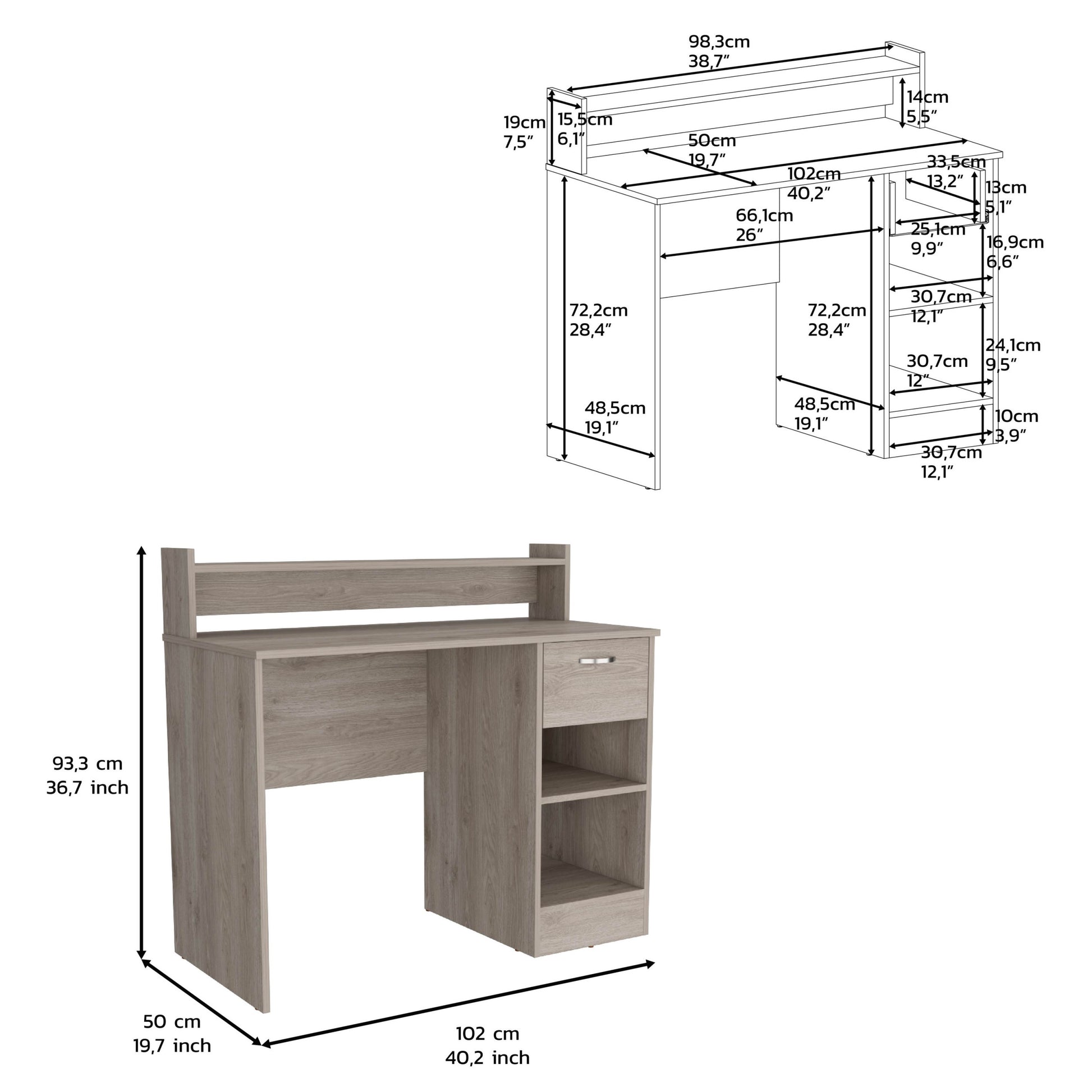 Computer Desk Delmar With Open Storage Shelves And Single Drawer, Light Gray Finish Light Gray Particle Board