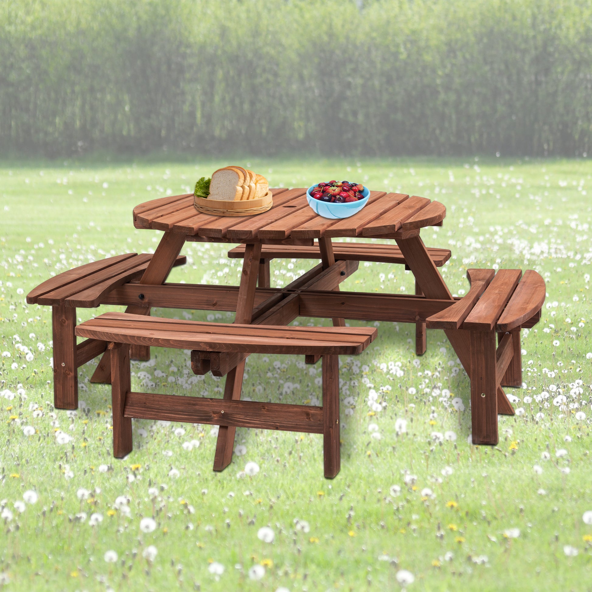 8 Person Wooden Picnic Table, Outdoor Camping Dining Table With Seat, Garden, Diy W 4 Built In Benches, 2220Lb Capacity Brown Solid Wood